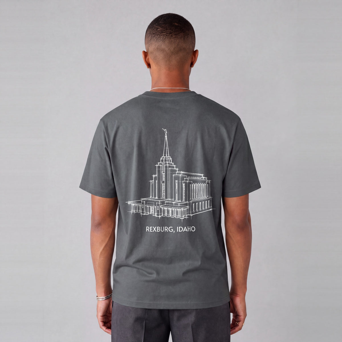 Rexburg Temple back print on model - Charcoal