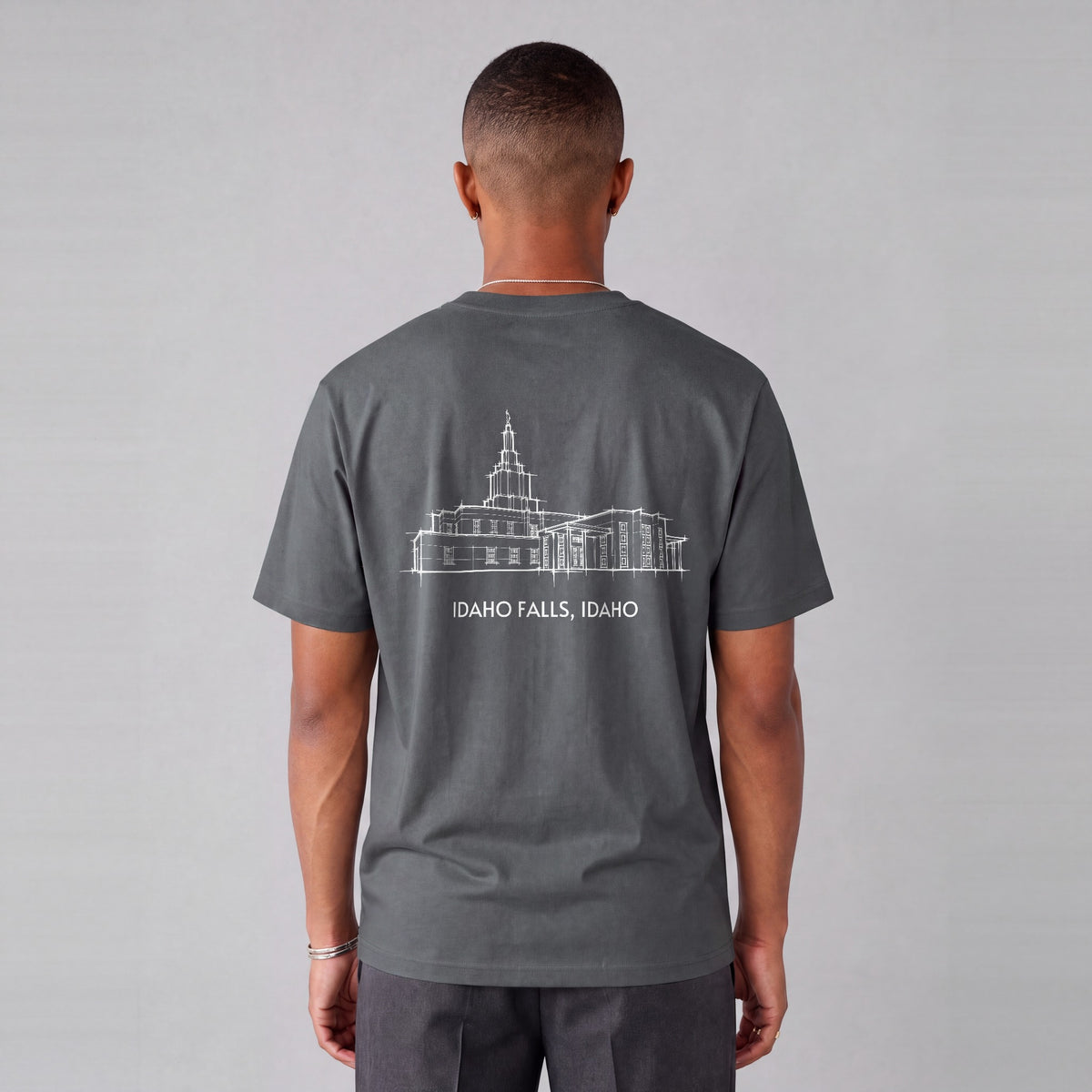 Idaho Falls Temple back print on model - Charcoal