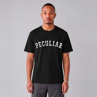 "Peculiar" collegiate tee front print on model - Black