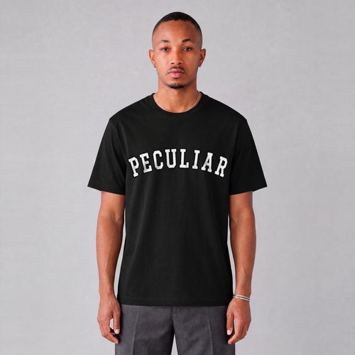 "Peculiar" collegiate tee front print on model - Black