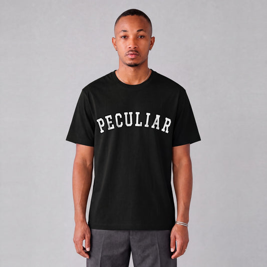 "Peculiar" collegiate tee front print on model - Black