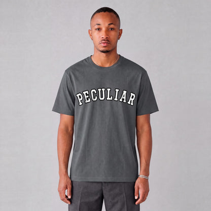 "Peculiar" collegiate tee front print on model - Charcoal