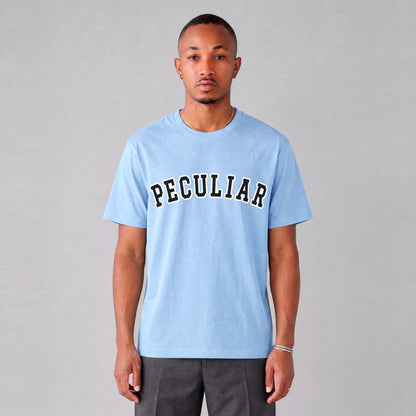 "Peculiar" collegiate tee front print on model - Light Blue