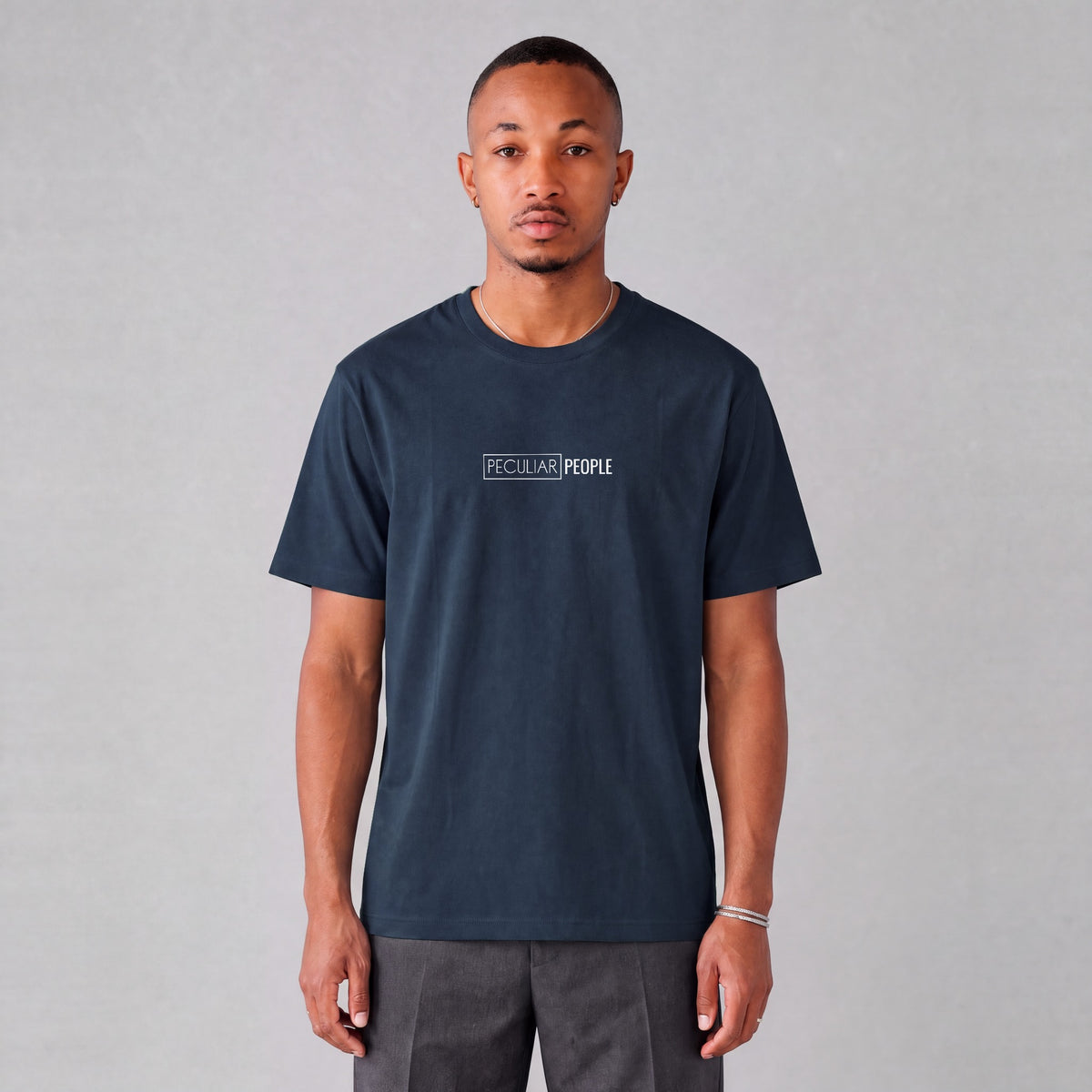 Pocatello Temple chest logo on model - Navy Blue
