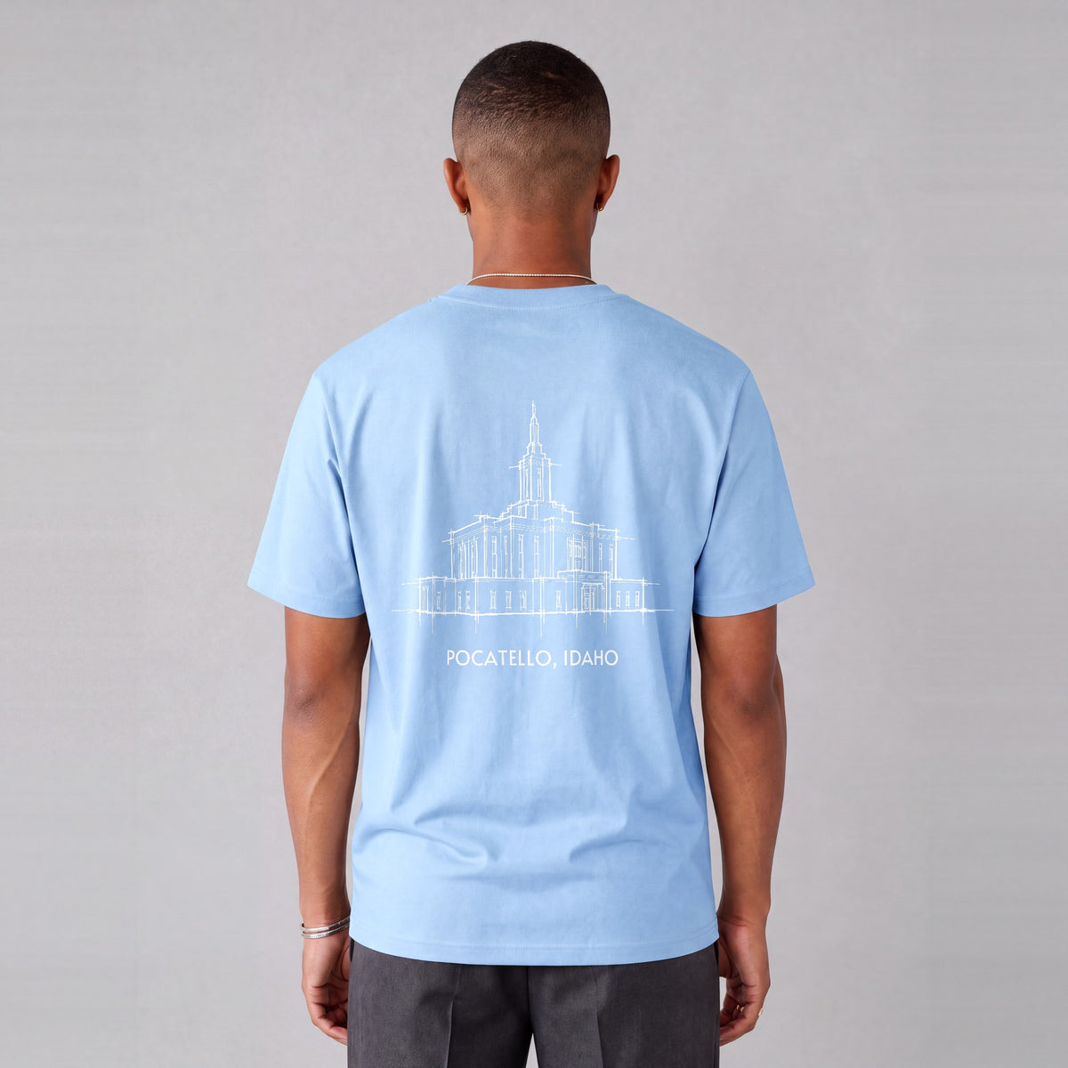 Pocatello Temple back print on model - Light Blue