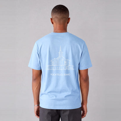 Pocatello Temple back print on model - Light Blue