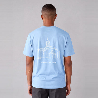 Montpelier Temple back print on model - Light Blue