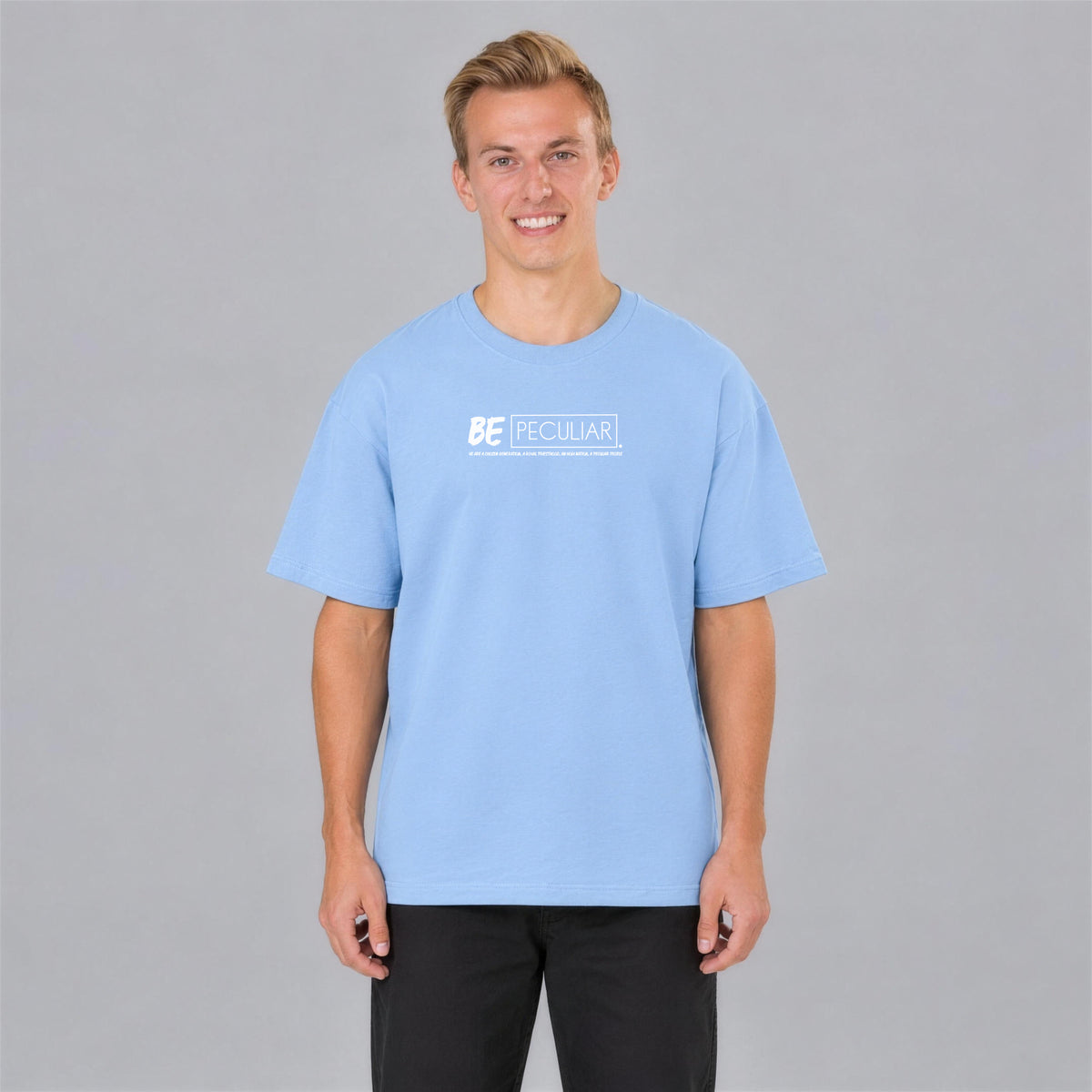 Be Peculiar tee front print on model - Light Blue