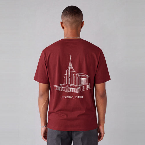 Rexburg Temple back print on model - Maroon