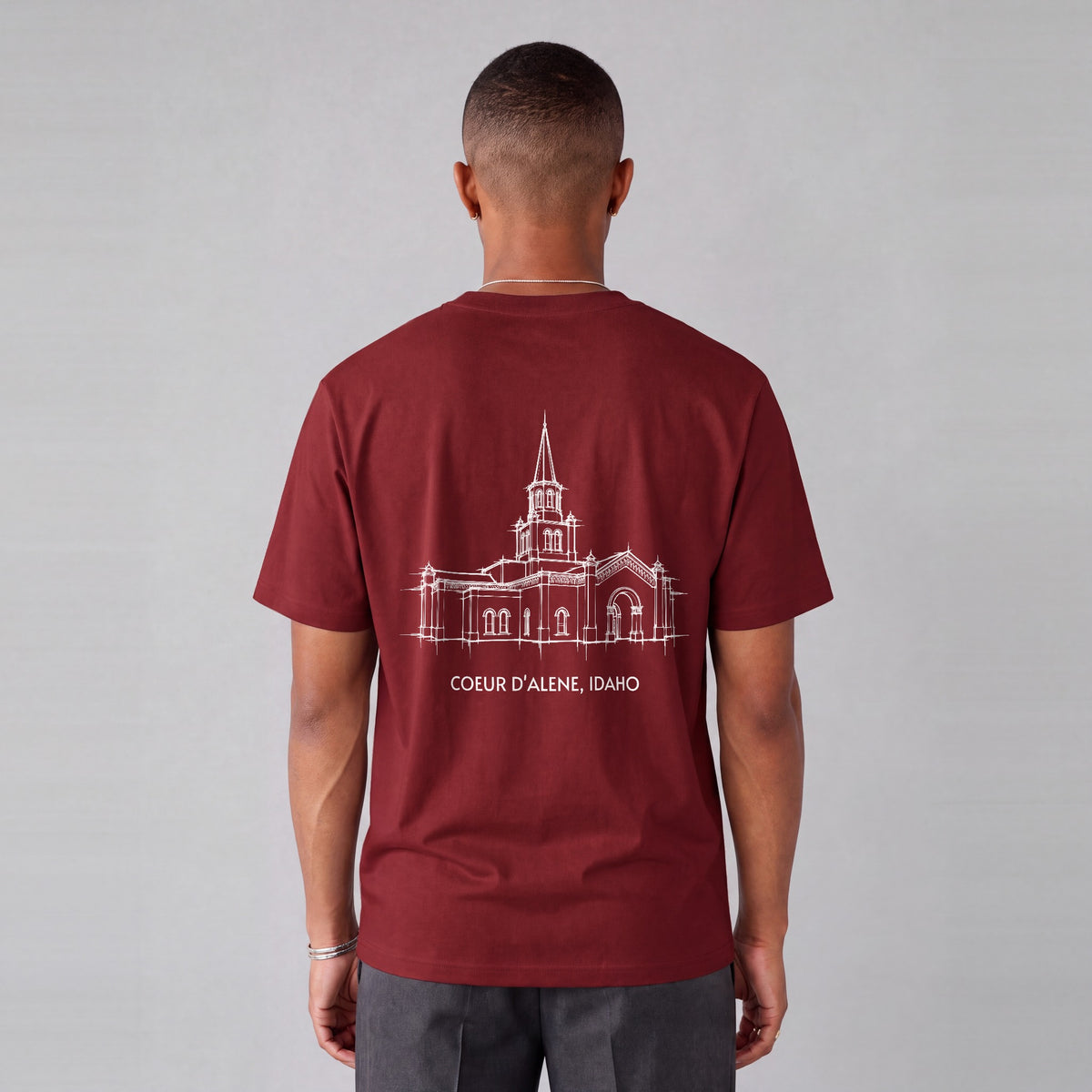 Coeur d'Alene Temple back print on model - Maroon