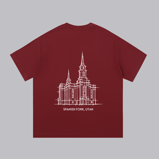 Spanish Fork Temple back print flat lay - Maroon