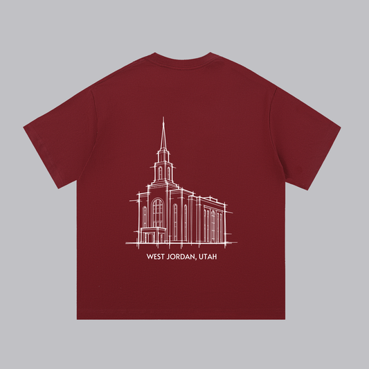 West Jordan Temple back print flat lay - Maroon
