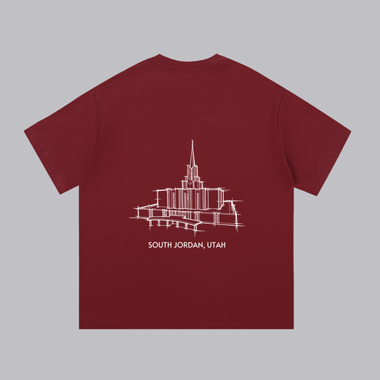 Jordan River Temple back print flat lay - Maroon