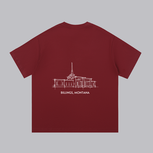 Billings Temple back print flat lay - Maroon