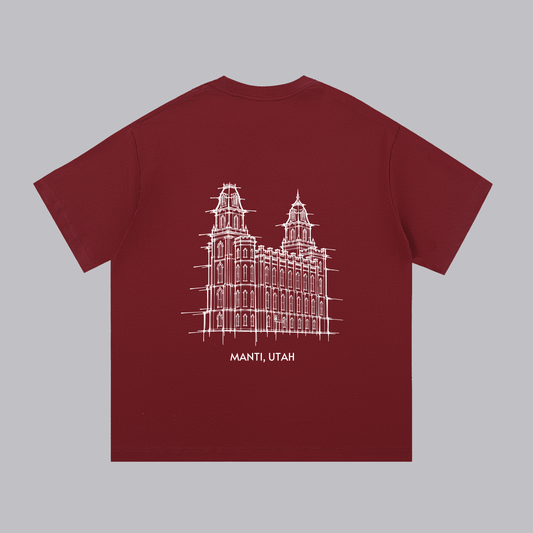 Manti Temple back print flat lay - Maroon