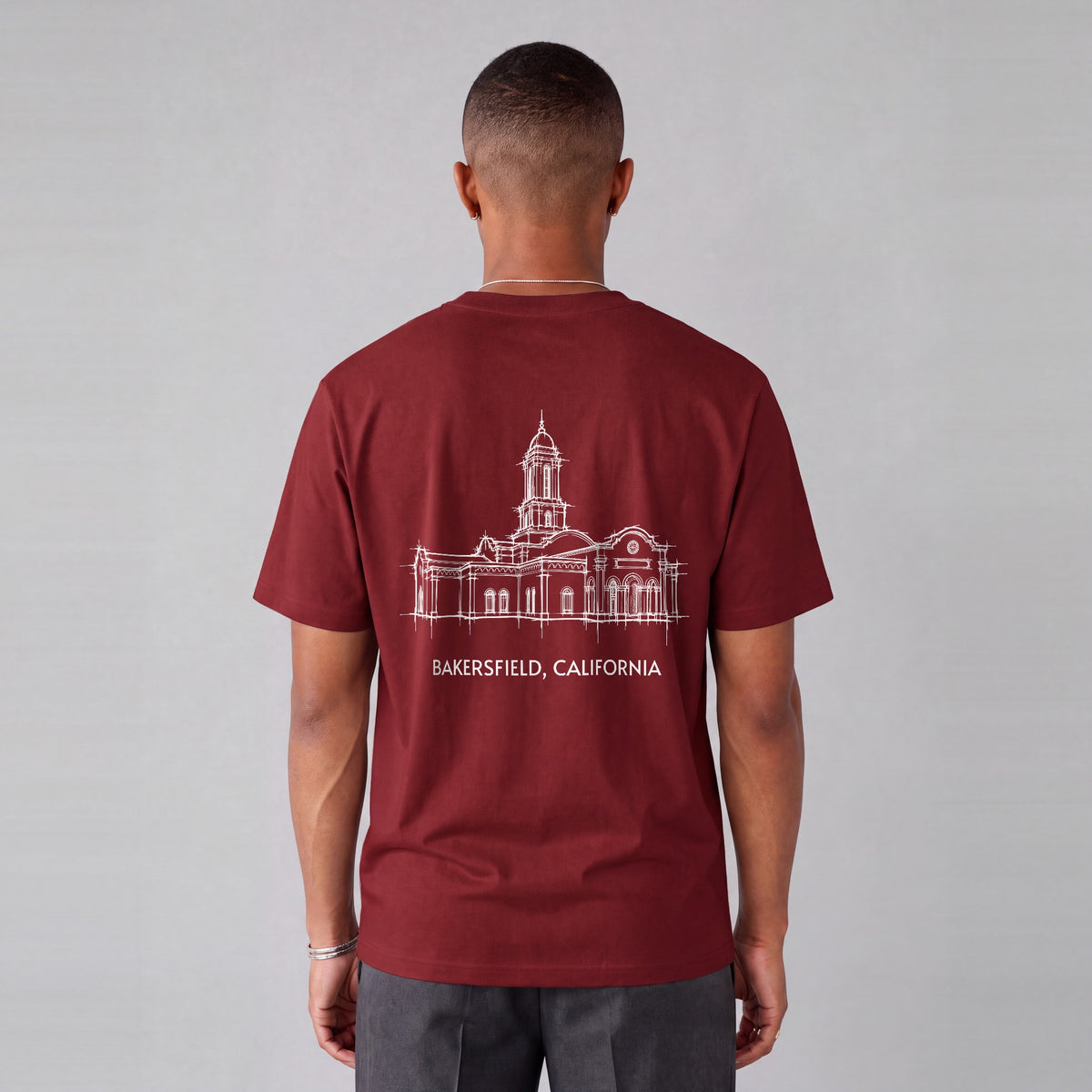 Bakersfield Temple back print on model - Maroon