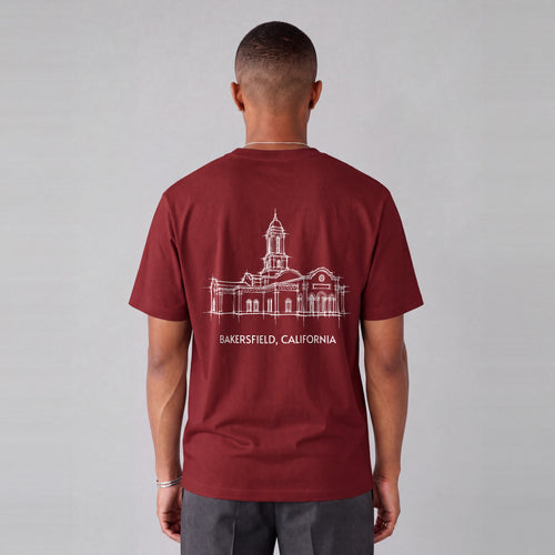 Bakersfield Temple back print on model - Maroon