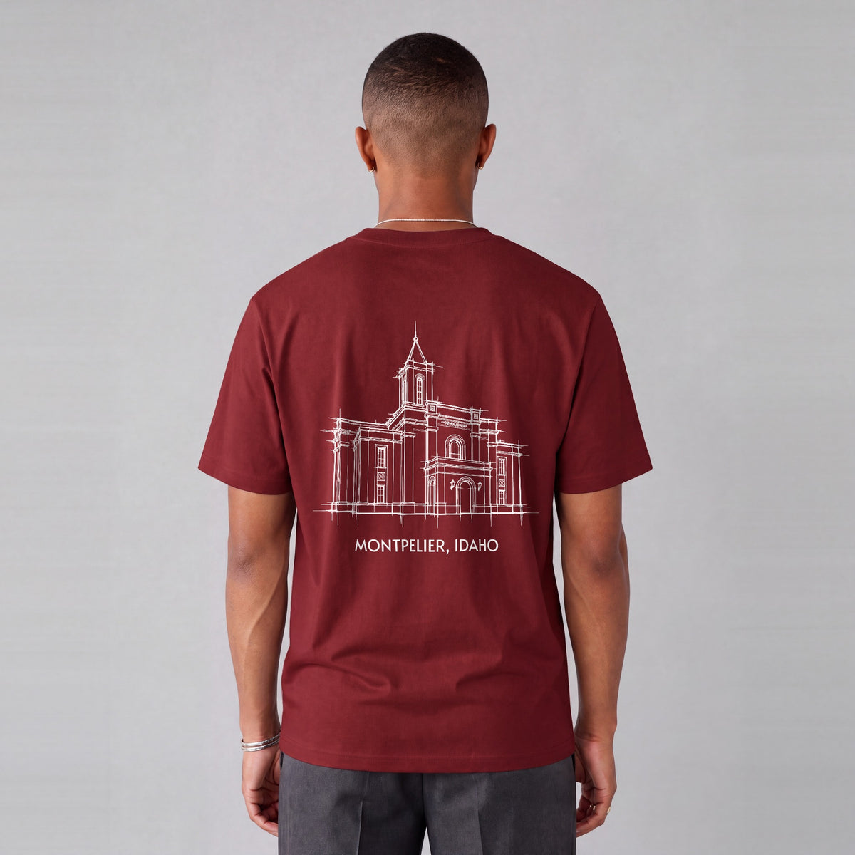 Montpelier Temple back print on model - Maroon