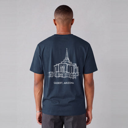 Gilbert Temple back print on model - Navy Blue