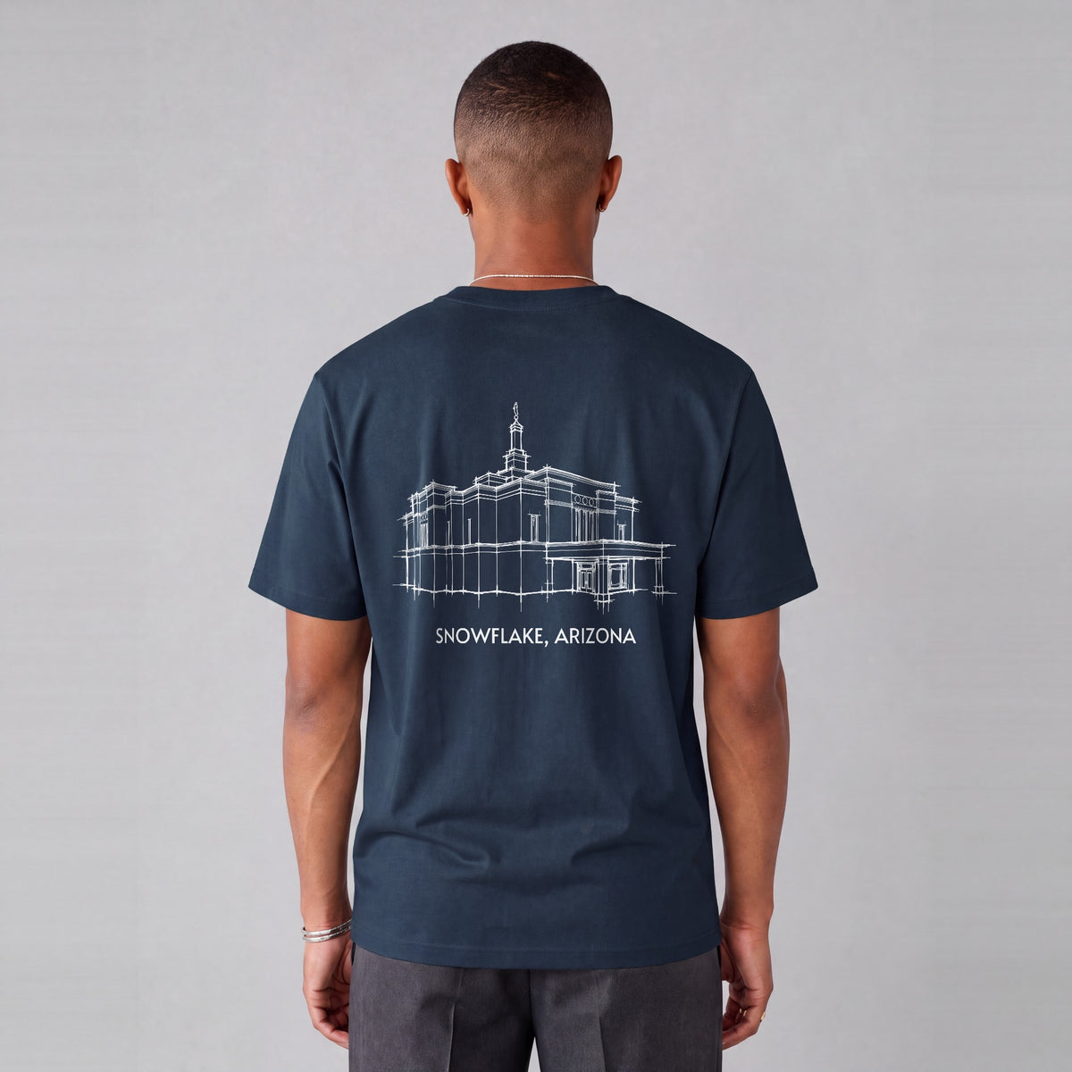 Snowflake Temple back print on model - Navy Blue
