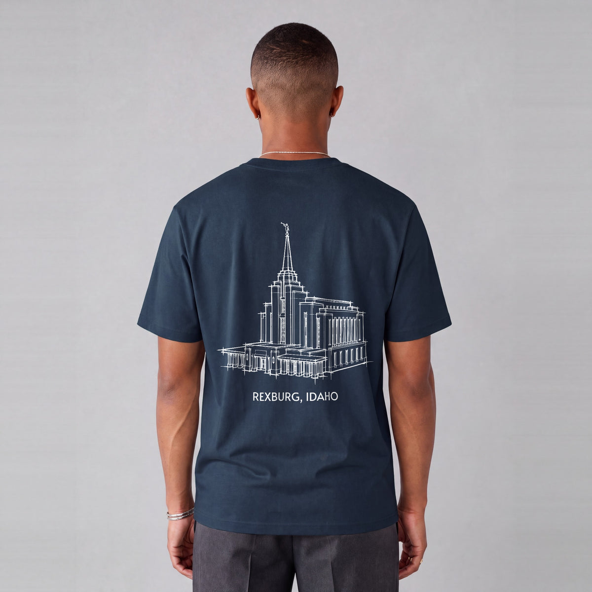 Rexburg Temple back print on model - Navy Blue