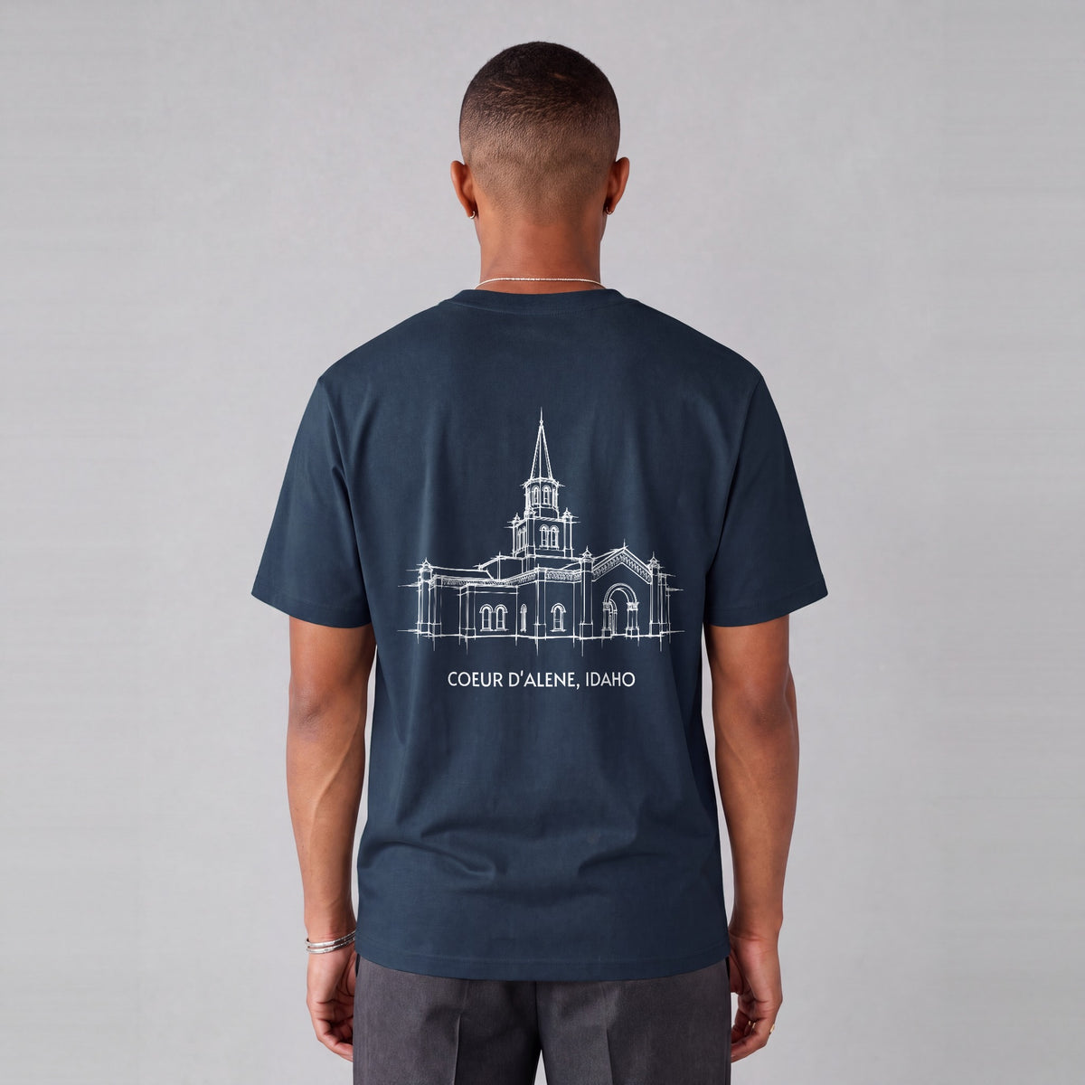 Coeur d'Alene Temple back print on model - Navy Blue