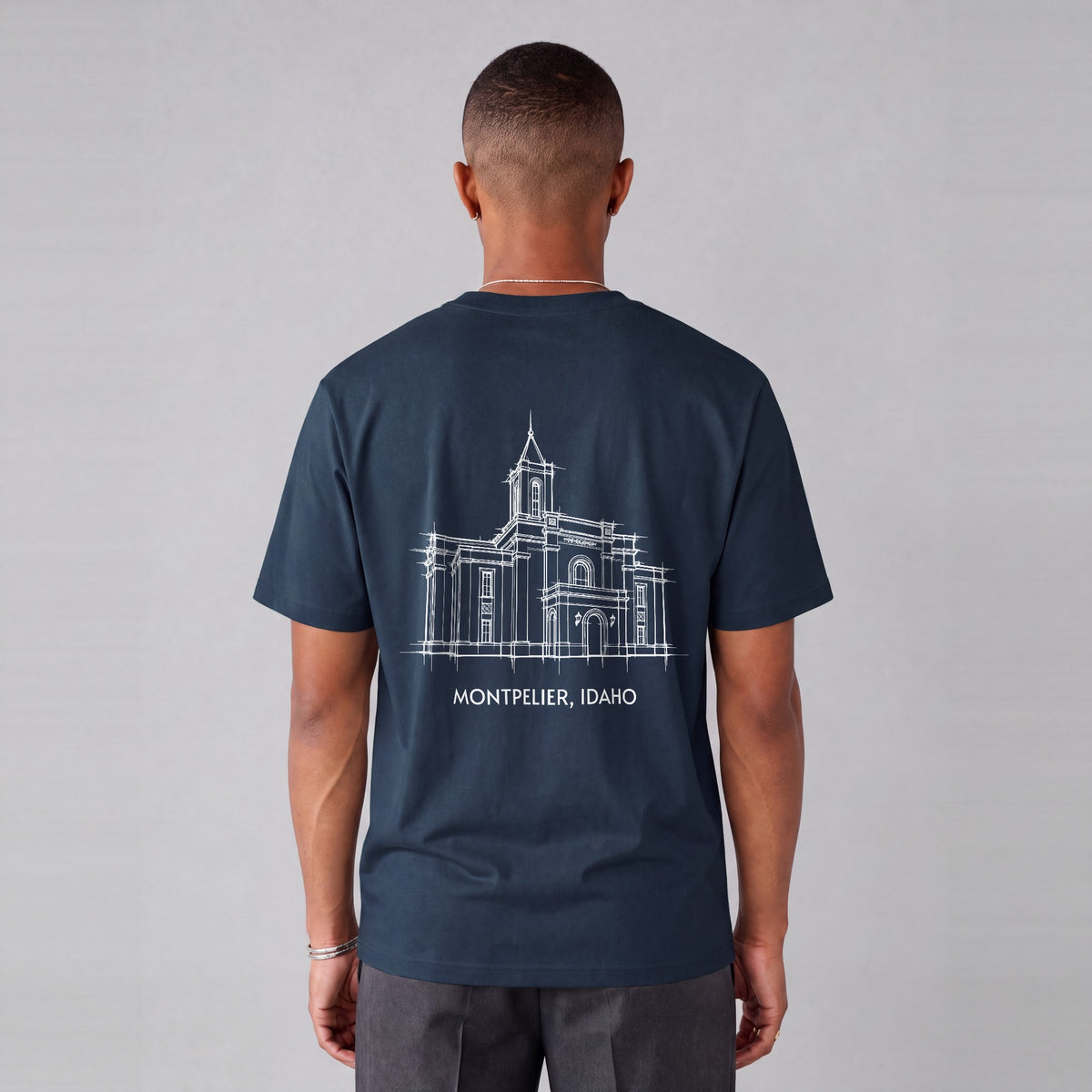 Montpelier Temple back print on model - Navy Blue