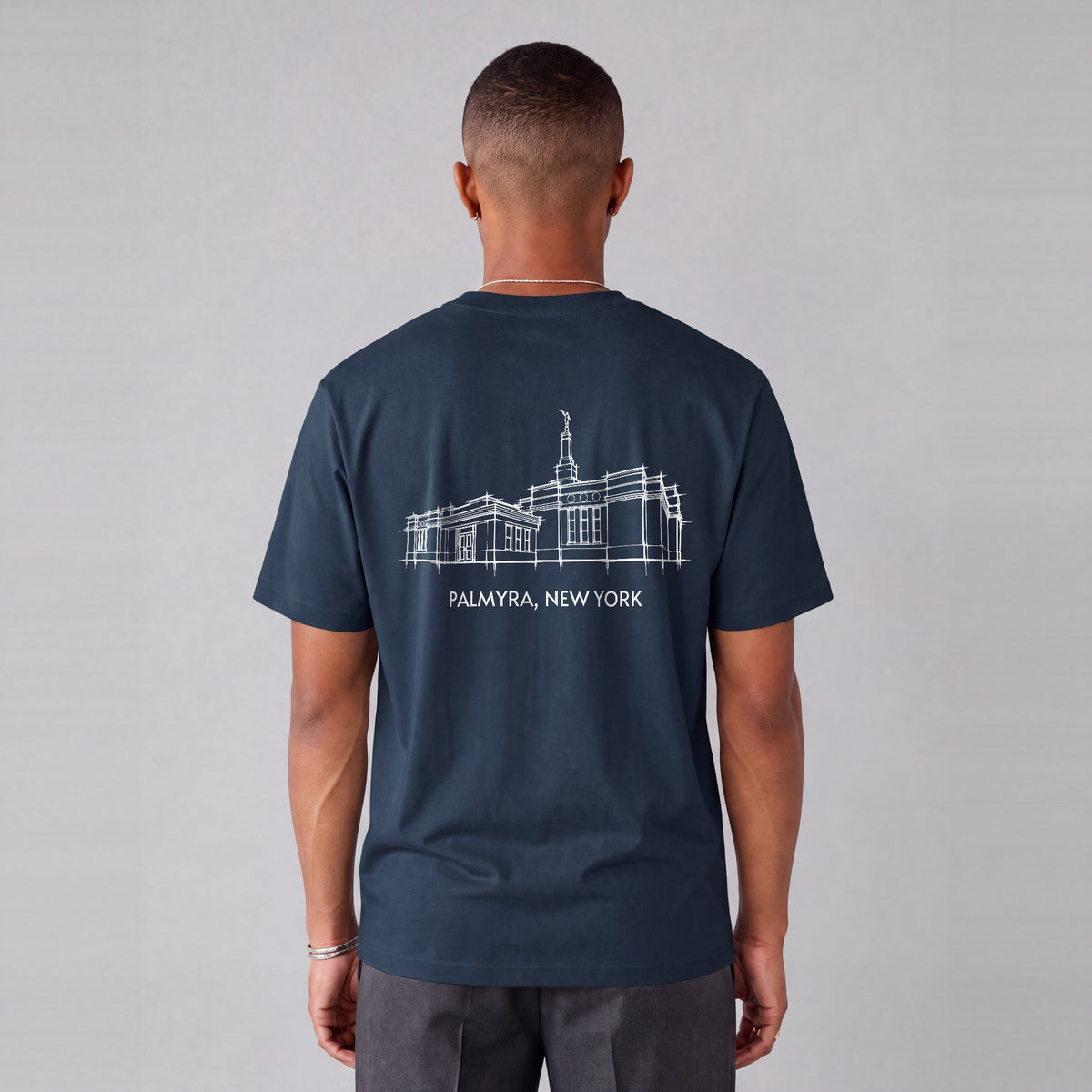 Palmyra Temple back print on model - Navy Blue