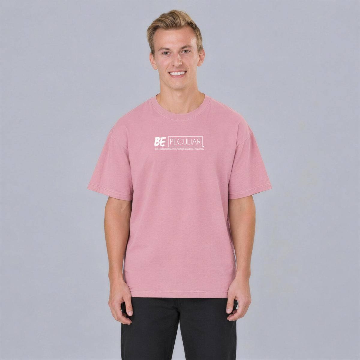 Be Peculiar tee front print on model - Pink