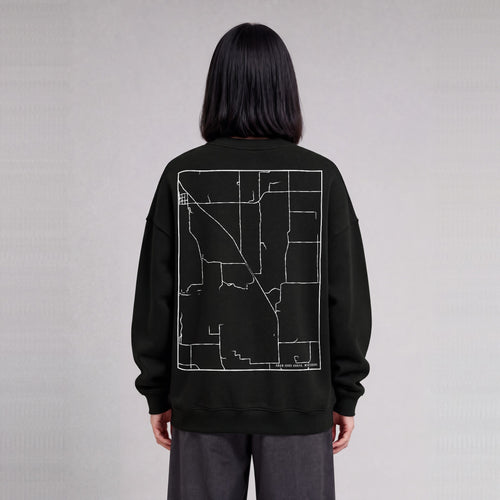 Adam-ondi-Ahman map sweatshirt, back print on model - Black