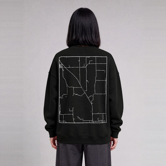 Adam-ondi-Ahman map sweatshirt, back print on model - Black