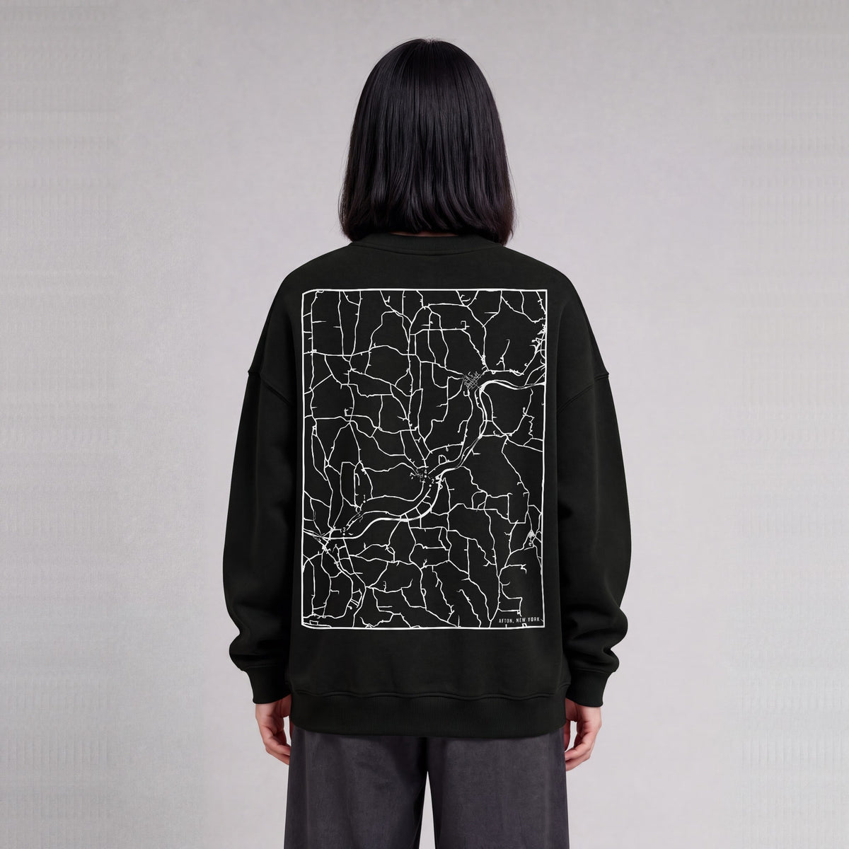 Afton map sweatshirt, back print on model - Black
