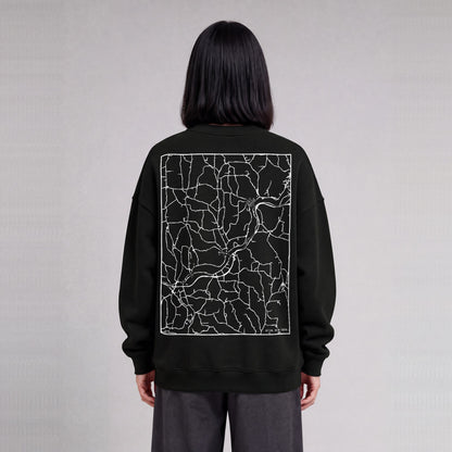 Afton map sweatshirt, back print on model - Black