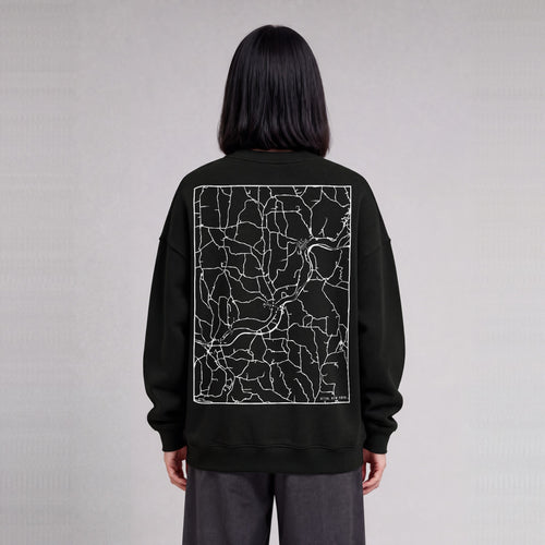 Afton map sweatshirt, back print on model - Black