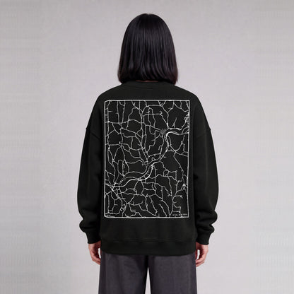 Afton map sweatshirt, back print on model - Black