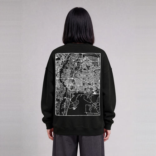 Albuquerque map sweatshirt, back print on model - Black