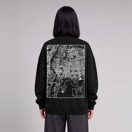 Albuquerque map sweatshirt, back print on model - Black