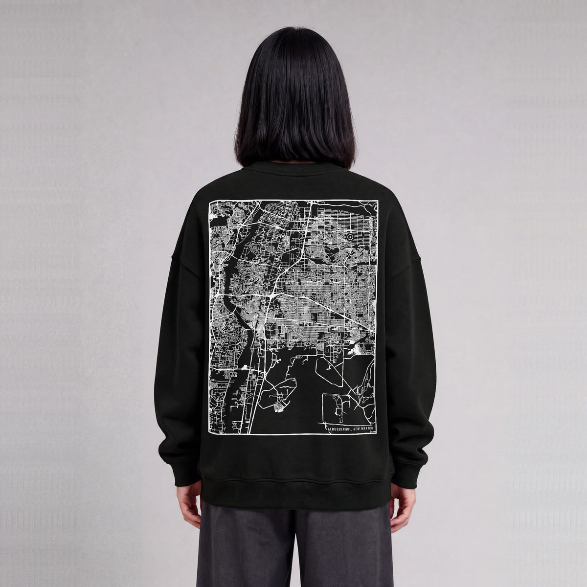 Albuquerque map sweatshirt, back print on model - Black