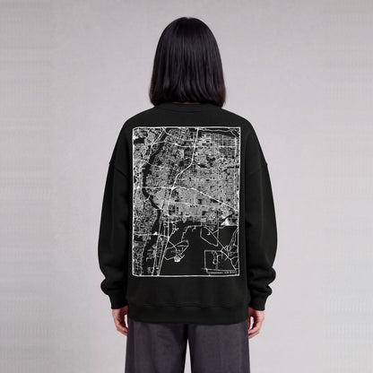 Albuquerque map sweatshirt, back print on model - Black