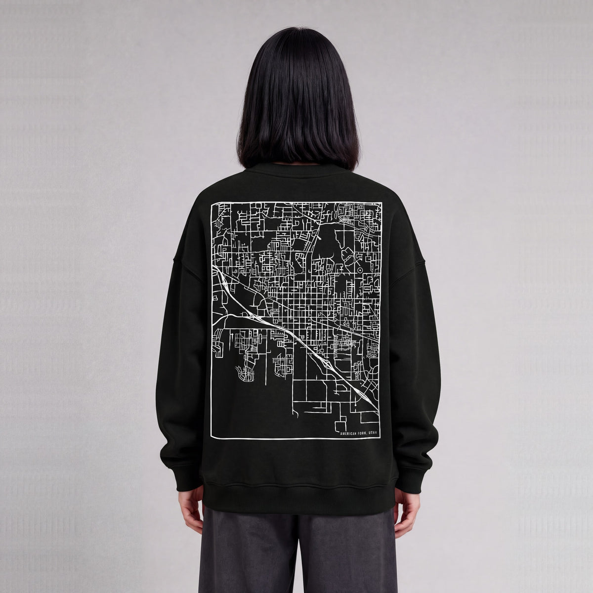 American Fork map sweatshirt, back print on model - Black