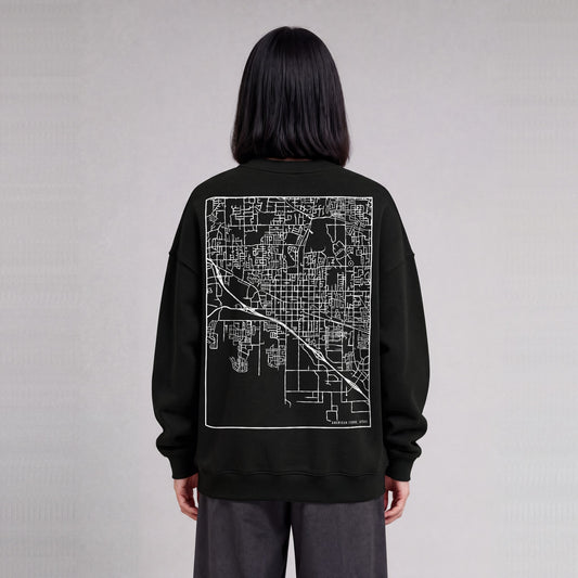 American Fork map sweatshirt, back print on model - Black