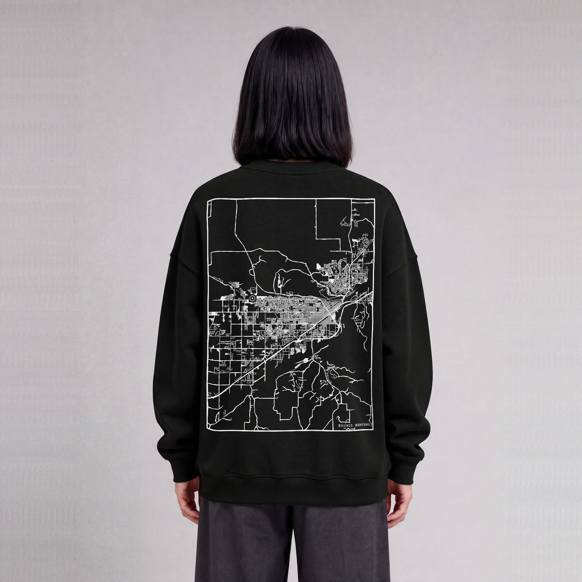 Billings map sweatshirt, back print on model - Black