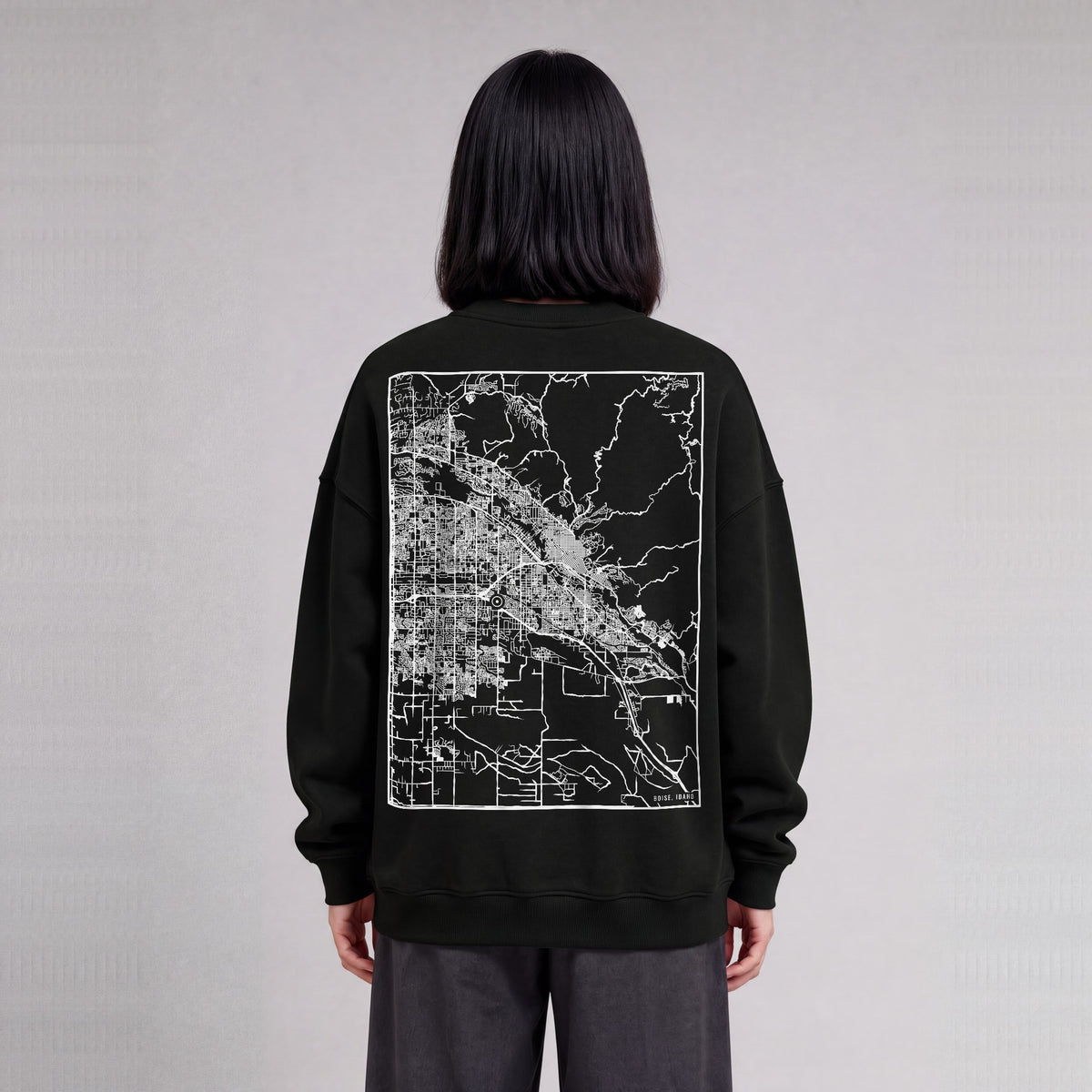 Boise map sweatshirt, back print on model - Black