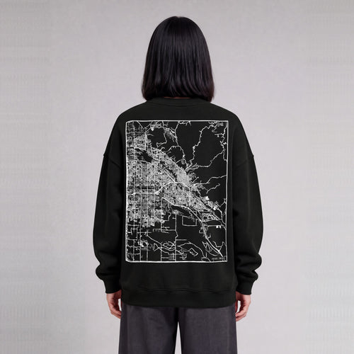 Boise map sweatshirt, back print on model - Black