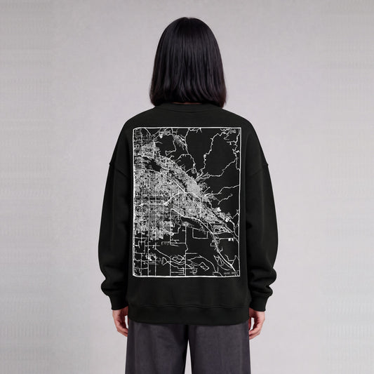 Boise map sweatshirt, back print on model - Black