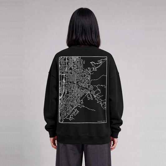 Bountiful map sweatshirt, back print on model - Black