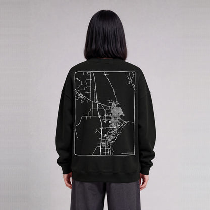 Brigham City map sweatshirt, back print on model - Black