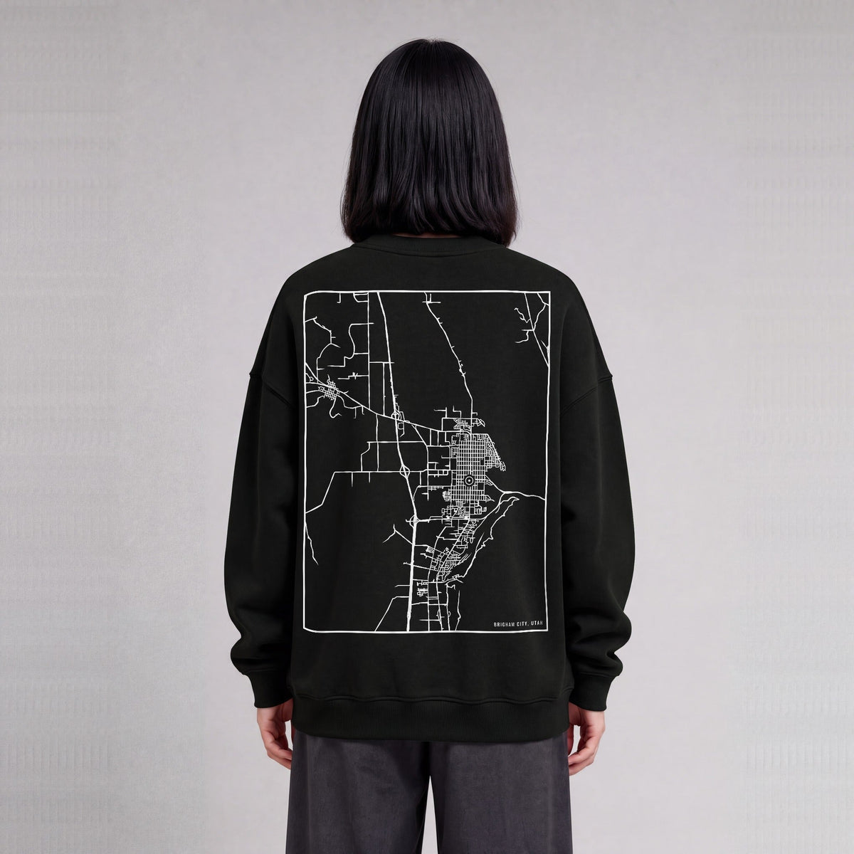 Brigham City map sweatshirt, back print on model - Black
