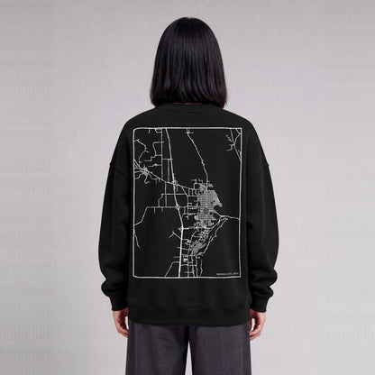 Brigham City map sweatshirt, back print on model - Black