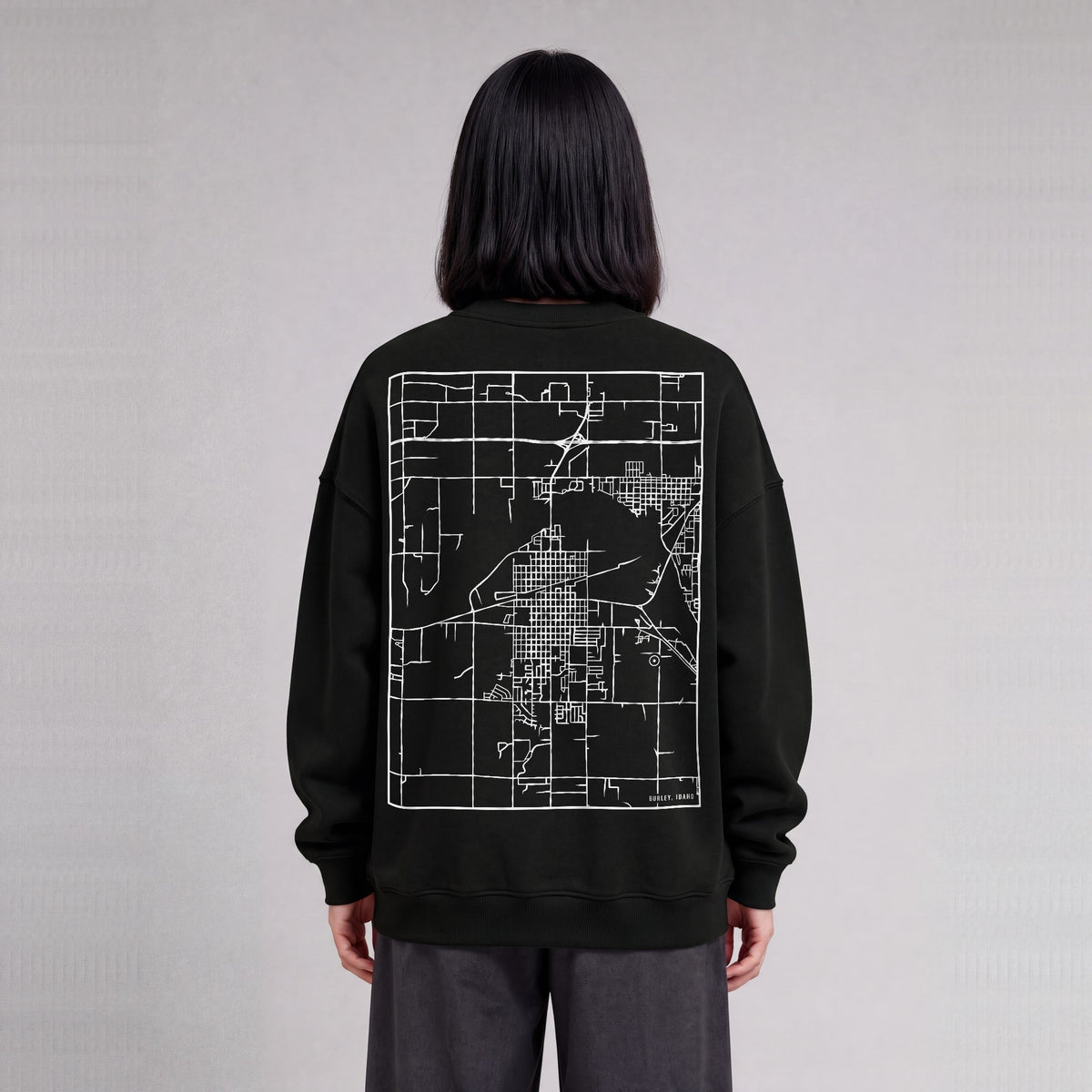 Burley map sweatshirt, back print on model - Black